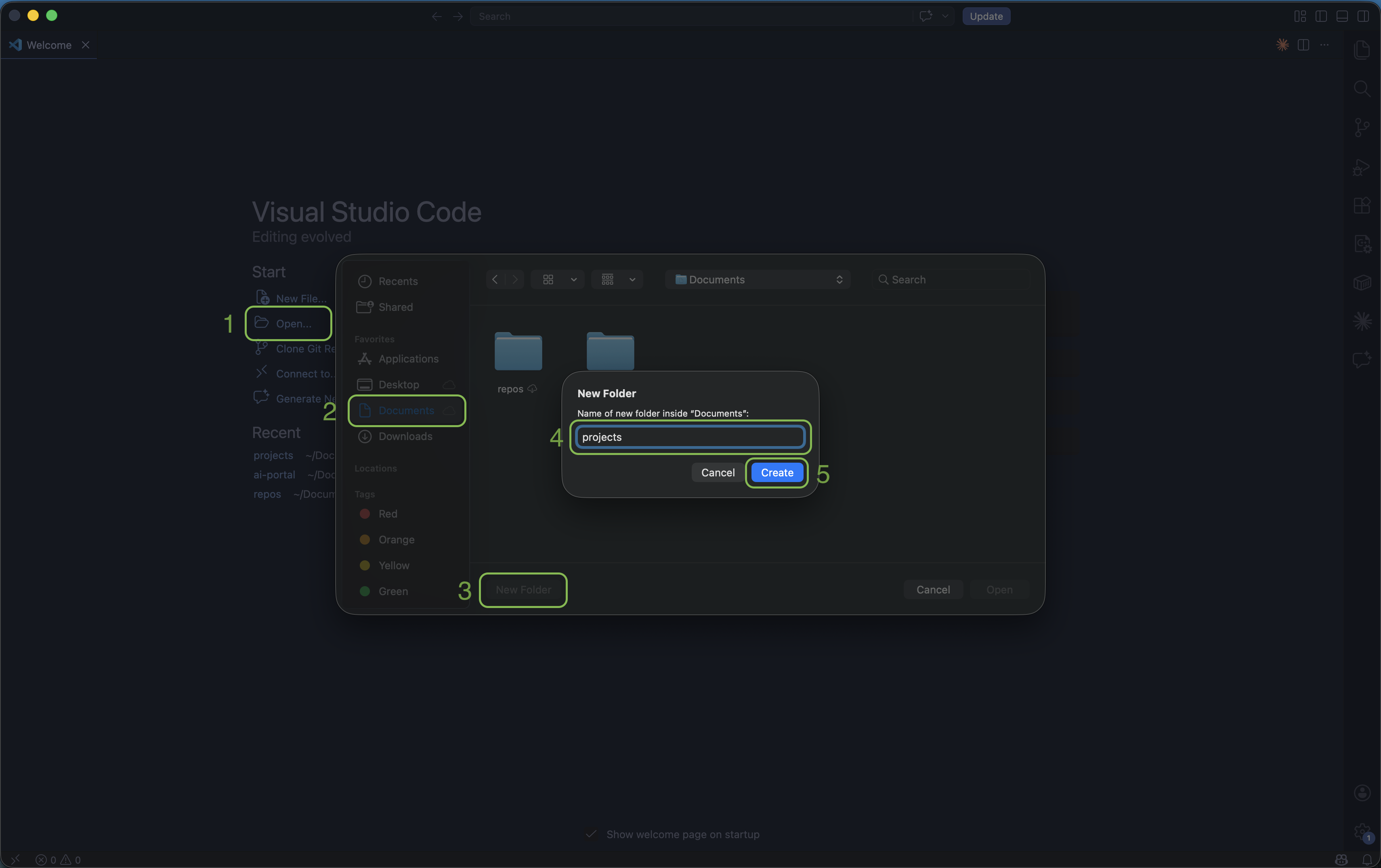Creating the projects folder in VS Code