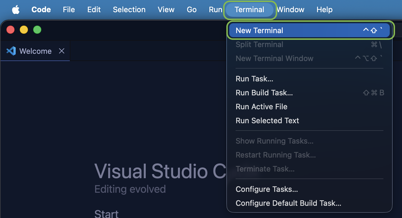 Opening Terminal menu in VS Code