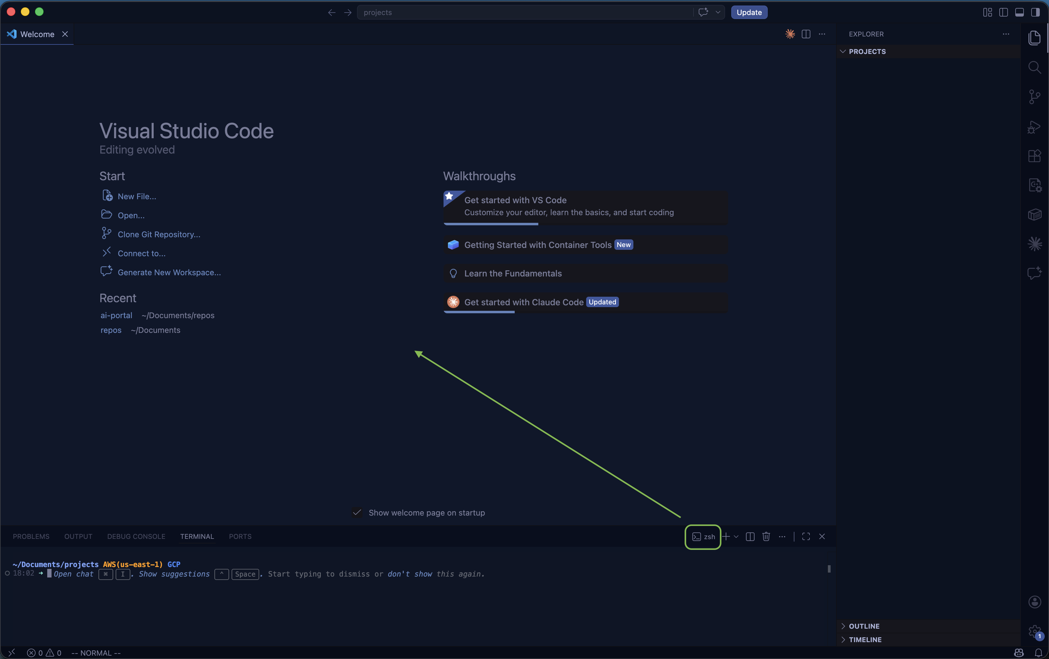 VS Code with projects folder and terminal open