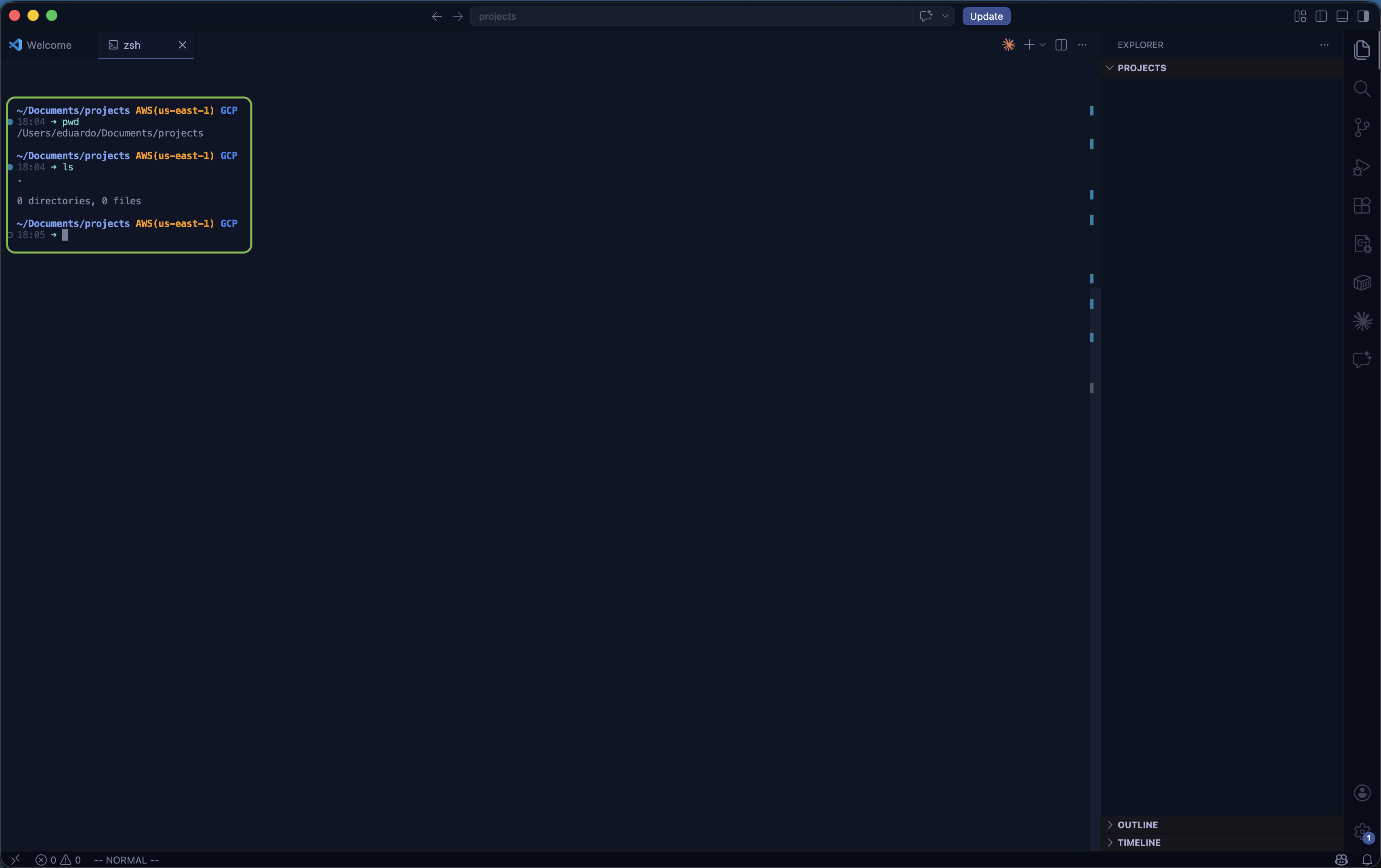 Terminal confirming the projects folder location